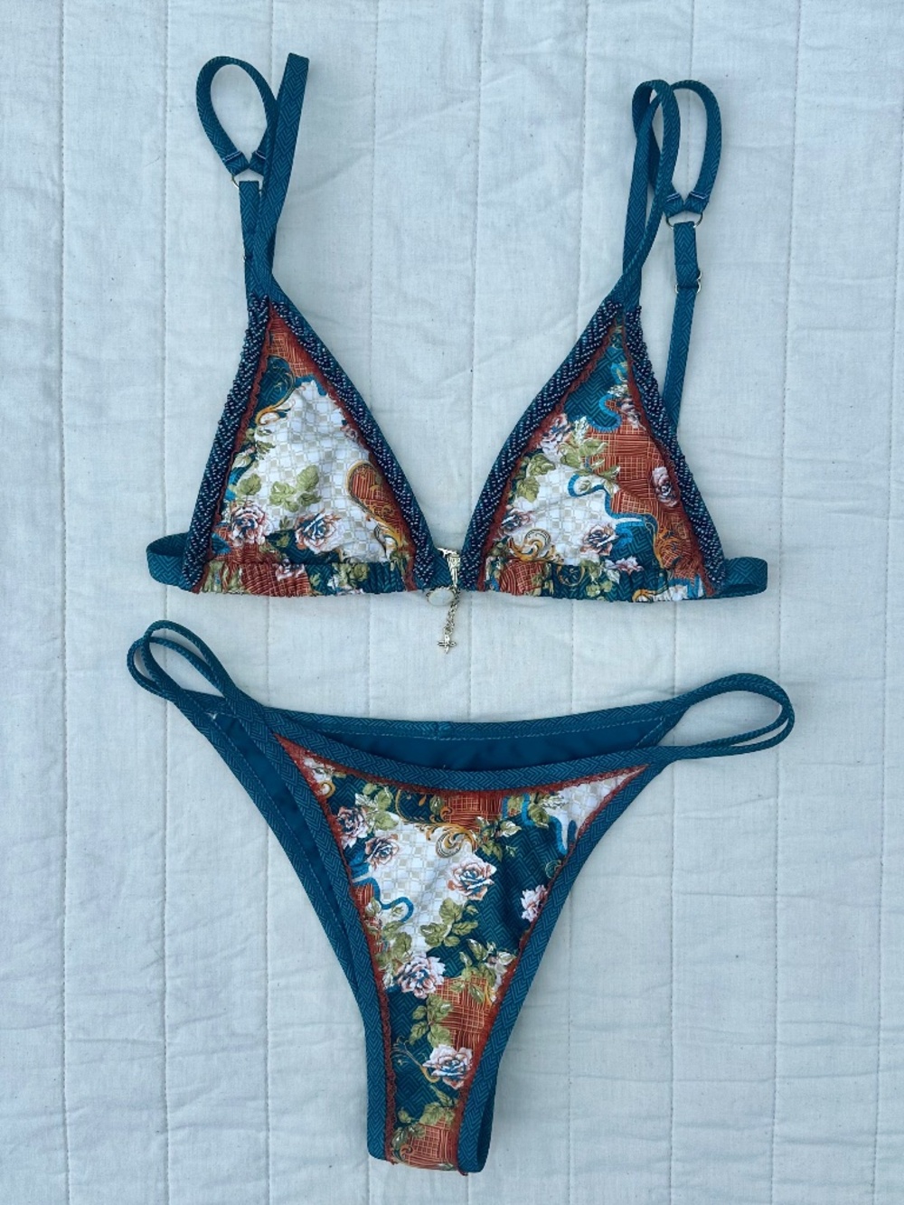 Bydee Prague Bikini Set | Size Small | Hand-Sewn Beaded | Baroque Floral Print |